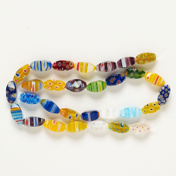 Bead millefiori glass 2pk 15x7mm-17x8mmm 4-sided oval, opaque to transparent multicolored 8 inch image number 0