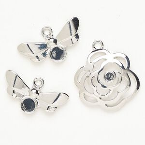 Charm assortment "pewter" (zinc-based alloy) 1pkg3 24x13mm bee / 23x22mm flower, antique silver finish