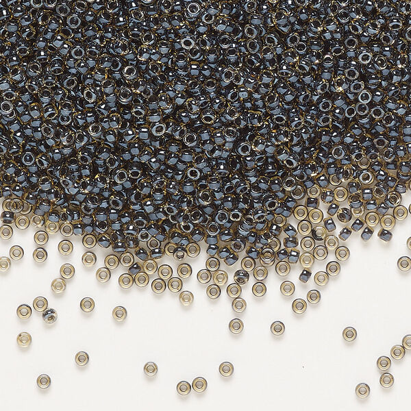 Seed bead, Miyuki, glass, pkg/250g, #15 rocaille, translucent black-lined luster topaz (RR-1840). image number 0