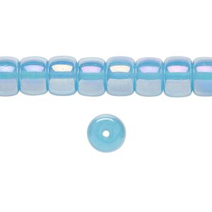 Bead, glass, translucent aqua rainbow, 8x6mm barrel. Sold per 15-1/2 to 16-inch strand.