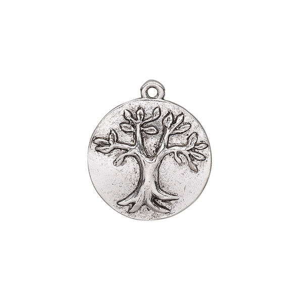 Drop, antique silver-plated pewter (tin-based alloy), 19.5mm single-sided round with tree of life. Sold individually. image number 0