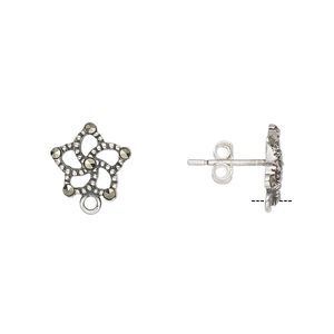 Earstud 1pkg2 sterling silver / marcasite (natural), 10.5x10mm flower / closed loop / earnuts, antiqued 1 pair
