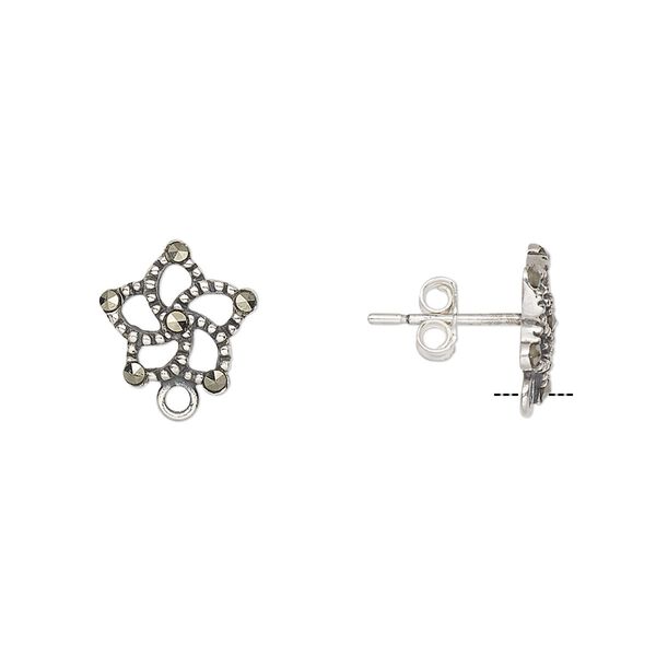 Earstud 1pkg2 sterling silver / marcasite (natural), 10.5x10mm flower / closed loop / earnuts, antiqued 1 pair image number 0