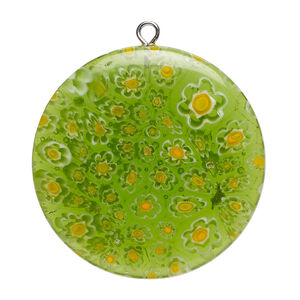 Focal 1pkg1 millefiori glass and silver-finished steel, translucent green / yellow-orange / white, 34-35mm puffed flat round.