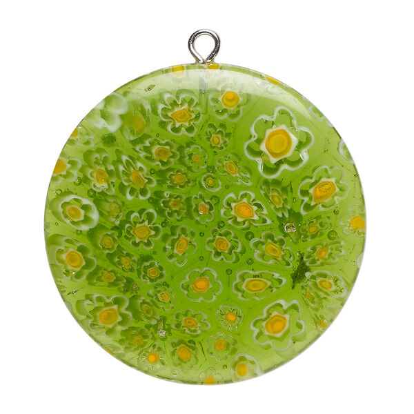 Focal 1pkg1 millefiori glass and silver-finished steel, translucent green / yellow-orange / white, 34-35mm puffed flat round. image number 0