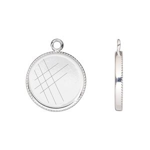 Drop, silver-plated brass, 17mm round with beaded edge and 16mm round bezel cup setting. Sold per pkg of 6.