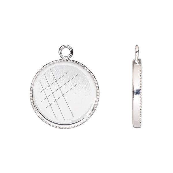 Drop, silver-plated brass, 17mm round with beaded edge and 16mm round bezel cup setting. Sold per pkg of 6. image number 0