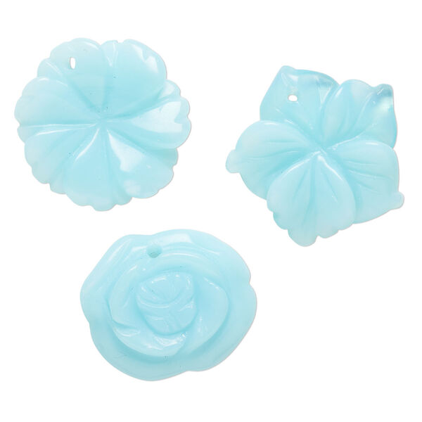 Drop mix, glass, translucent light blue, 25x21mm-25x26mm top-drilled carved flower. Sold per pkg of 3. image number 0
