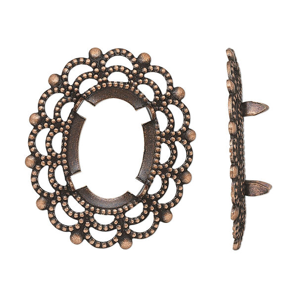 Component, antique copper-plated brass, 30x25mm oval with 18x13mm 4-prong oval setting. Sold per pkg of 12. image number 0