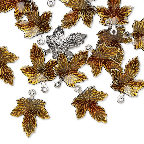 Charm, enamel and antique silver-plated brass, brown, 13x12mm single-sided maple leaf. Sold per pkg of 20. image number 0