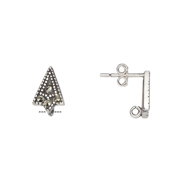 Earstud, marcasite (natural) and antiqued sterling silver, 11.5x8mm arrowhead with hidden loop. Sold per pair. image number 0