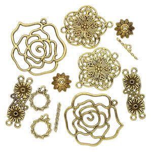 Component, antique gold-finished "pewter" (zinc-based alloy), 14x7mm-42x39mm assorted flower. Sold per pkg of 10.