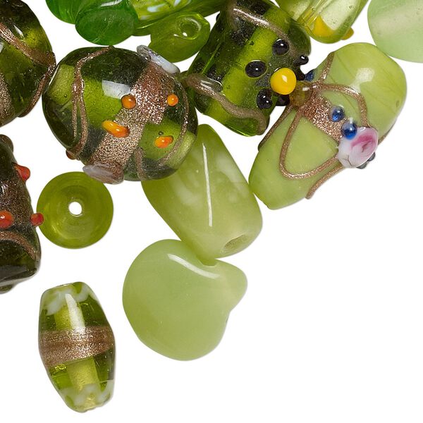Bead mix, lampworked glass, peridot green with fancy finish, 7x4mm-14x11mm mixed shapes. Sold per pkg of 100-grams, approximately 60-100 beads. image number 0
