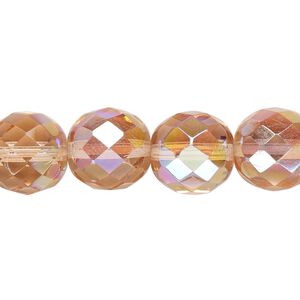 Bead, Czech fire-polished glass, pkg/15-1/2 to 16 inches, 12mm faceted round, translucent light rose AB, (70110-28701).