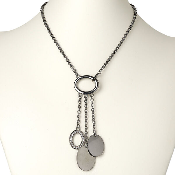 Necklace, gunmetal-plated "pewter" (zinc-based alloy) and glass rhinestones, crystal clear, textured and smooth open and flat marquise, 16-inches with 3-inch extender chain and gunmetal-plated lobster claw clasp. Sold individually. image number 0