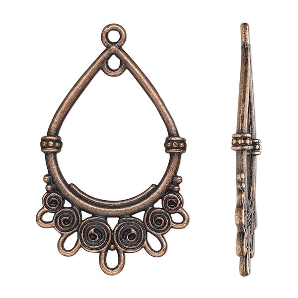 Focal, antique copper-finished "pewter" (zinc-based alloy), 31x22mm double-sided open teardrop with spirals and 6 closed loops. Sold per pkg of 10. image number 0