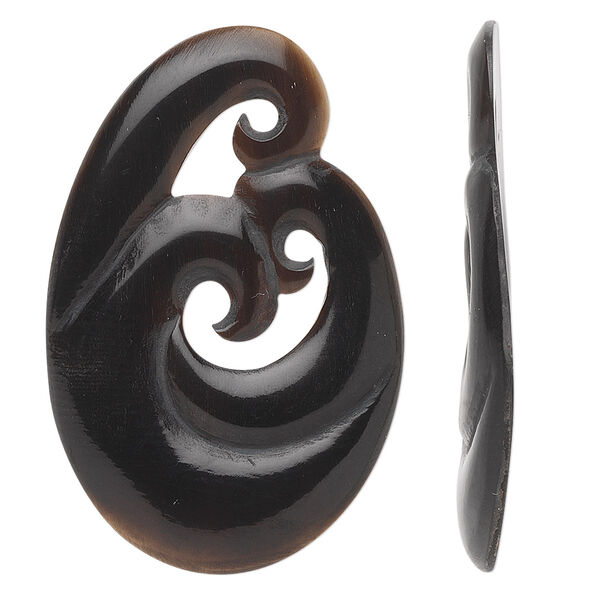 Focal, horn (natural), black, 38x27mm oval swirl. Sold individually. image number 0
