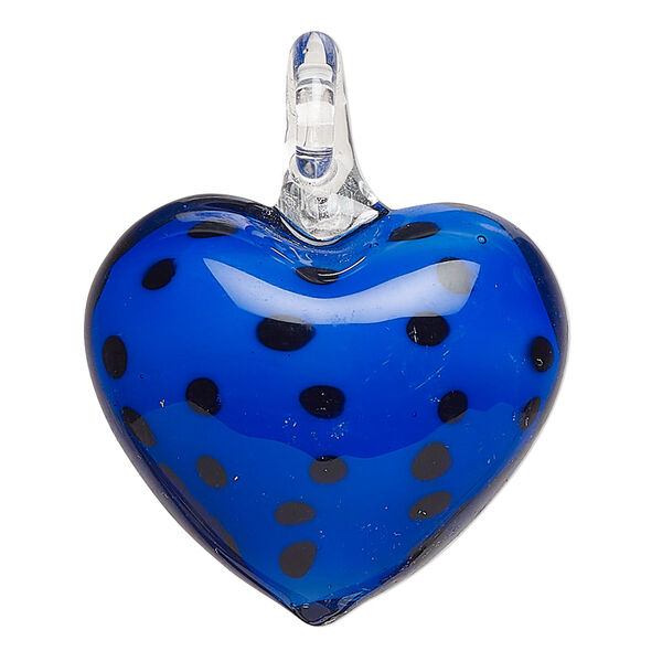 Focal, lampworked glass, clear / opaque cobalt blue / black, 32x28mm-33x30mm puffed heart with dots. Sold individually. image number 0