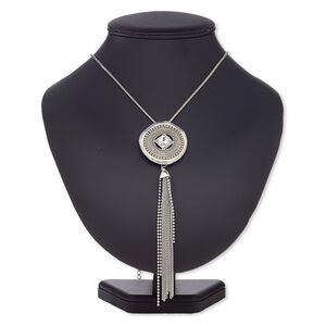 Necklace, glass rhinestone / silver-coated plastic / silver-plated steel / antique silver-plated "pewter" (zinc-based alloy) / gold-finished / copper- / silver-plated brass, clear, 44mm round with 2-1/2 inch tassel, 36 inches with 2-inch extender chain and lobster claw clasp. Sold individually.