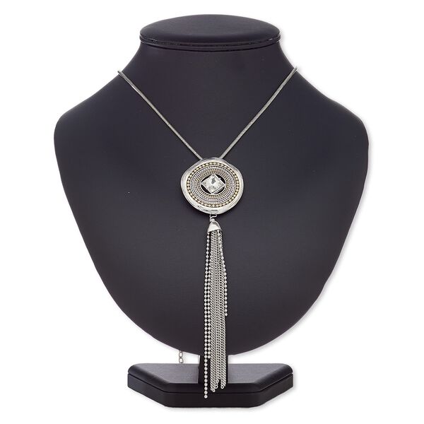 Necklace, glass rhinestone / silver-coated plastic / silver-plated steel / antique silver-plated "pewter" (zinc-based alloy) / gold-finished / copper- / silver-plated brass, clear, 44mm round with 2-1/2 inch tassel, 36 inches with 2-inch extender chain and lobster claw clasp. Sold individually. image number 0