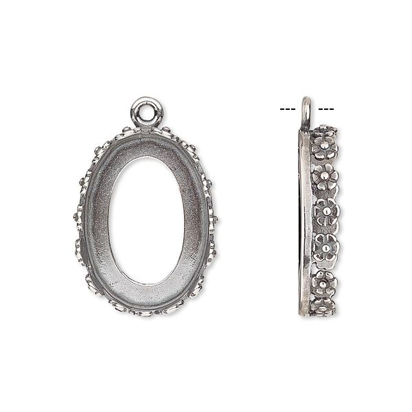 Drop, JBB Findings, antique silver-plated brass, 20x15mm oval with open back and flower design trim, 18x13mm oval bezel setting. Sold per pkg of 2. image number 0