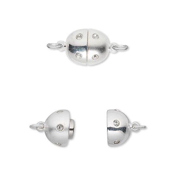 Clasp, magnetic, cubic zirconia and silver-plated brass, clear, 11x9mm matte and shiny oval. Sold individually. image number 0