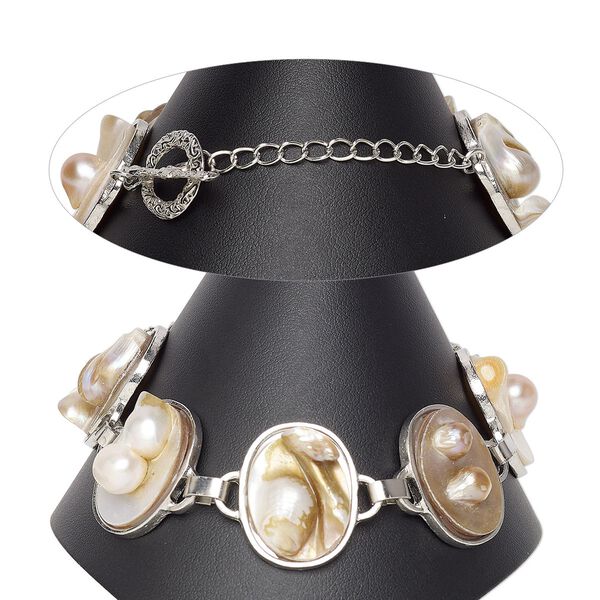 Bracelet, blister pearl shell (natural) and silver-plated "pewter" (zinc-based alloy), 25x20mm-27x21mm oval, 8 inches with textured toggle clasp. Sold individually. image number 0