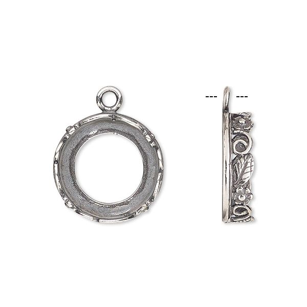Drop, JBB Findings, antique silver-plated brass, 16mm round with open back and flower and leaf design trim, 14mm round bezel setting. Sold per pkg of 2. image number 0