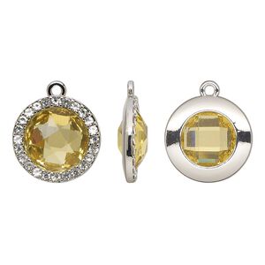 Drop, glass / glass rhinestone / imitation rhodium-finished "pewter" (zinc-based alloy), clear and transparent citrine yellow, 19mm single-sided round. Sold per pkg of 2.