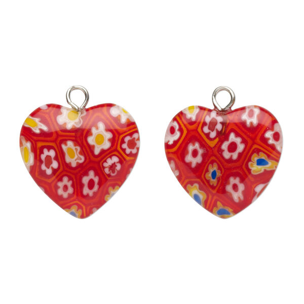 Drop, millefiori glass and silver-plated steel, white / blue / yellow, 17mm heart. Sold per pkg of 10. image number 0
