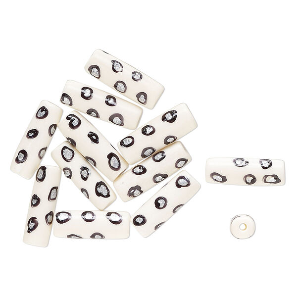 Bead, bone (dyed), white / black / silver, 25x9mm-24x7mm hand-painted tube with spotted design. Sold per pkg of 12. image number 0