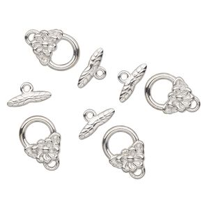 Clasp, toggle, silver-finished brass, 16x13mm round with flower and leaf design. Sold per pkg of 4.