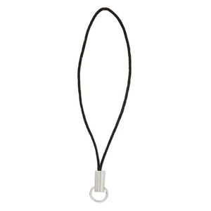 Zipper pull, silver-plated brass and nylon, black, 2-3/4 inches. Sold per pkg of 24.