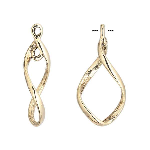 Drop, antique gold-plated pewter (tin-based alloy), 25x14mm twisted drop with one center loop that fits up to a 10mm bead. Sold per pkg of 2. image number 0