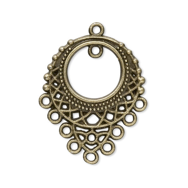 Focal, antique brass-plated "pewter" (zinc-based alloy), 33x25mm single-sided filigree teardrop, 10 loops. Sold per pkg of 20. image number 0