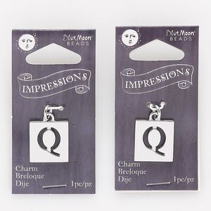Drop, silver-finished "pewter" (zinc-based alloy) and steel, 16x15mm square with cutout alphabet letter "Q." Sold per pkg of 2.