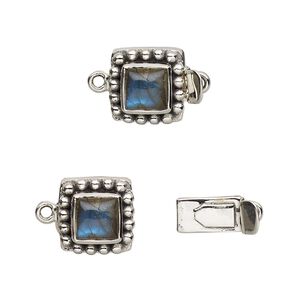 Clasp tab 1pkg1 sterling silver / labradorite (natural), 11mm square / 6mm domed square cab, antiqued 1-strand