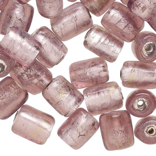 Bead, lampworked glass, translucent light purple, 11x9mm-11x10mm round tube with silver-colored foil. Sold per 2-ounce pkg, approximately 45 beads. image number 0