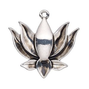 Focal, antique silver-finished "pewter" (zinc-based alloy), 38x32mm single-sided lotus. Sold per pkg of 4.