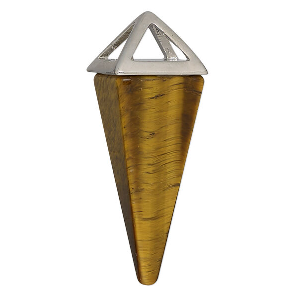 Focal, tigereye (natural) and imitation rhodium-finished "pewter" (zinc-based alloy), 36x15mm-42x15mm 4-sided point, Mohs hardness 7. Sold individually. image number 0