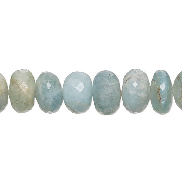 Bead, aquamarine (dyed / heated), 9x5mm-11x7mm hand-cut faceted rondelle with 0.4-1.4mm hole, C- grade, Mohs hardness 7-1/2 to 8. Sold per 8-inch strand. image number 0