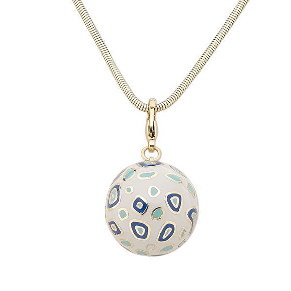 Necklace, enamel and gold-plated brass, white / light blue / dark blue, 28mm round with dot design, 16 inches with 2-inch extender chain and lobster claw clasp. Sold individually. image number 0