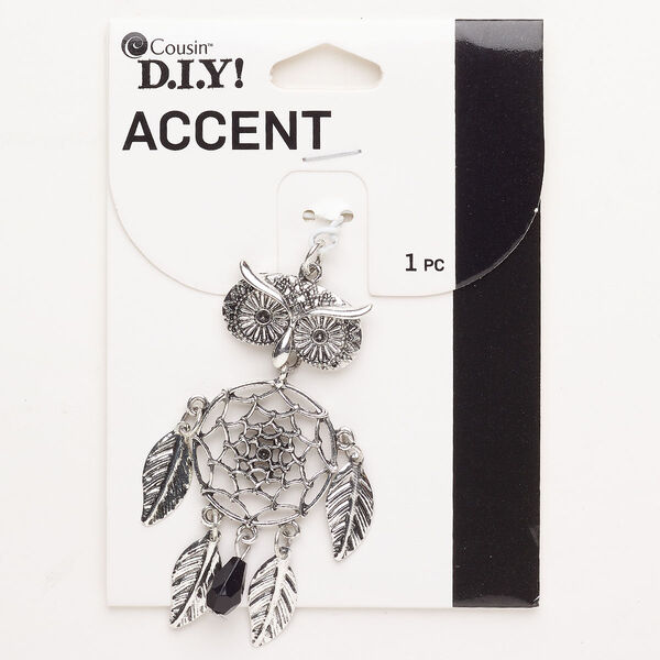 Focal, "pewter" (zinc-based alloy) / steel / acrylic, pkg/1, silver finish and black, 64x40mm dreamcatcher owl. image number 0