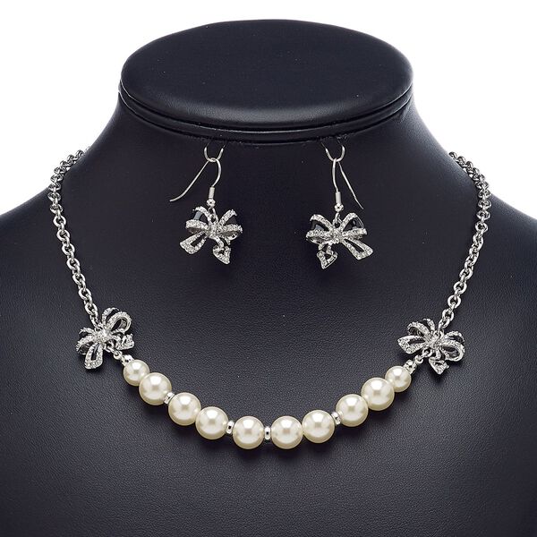 Necklace and earring set, enamel / glass rhinestone / glass pearl / imitation rhodium-finished steel / brass / "pewter" (zinc-based alloy), black / white / clear, bow, 18-inch necklace with 2-inch extender chain and lobster claw clasp, 31mm earrings with fishhook ear wire. Sold per set. image number 0