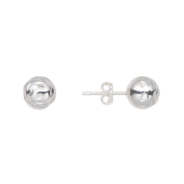 Earstud, sterling silver, 8mm diamond-cut ball with post. Sold per pair. image number 0