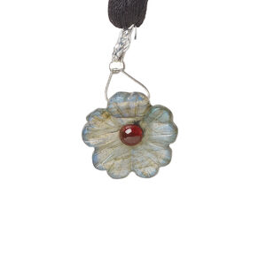 Labradorite / garnet 1pkg1, top-drilled hand-cut 1sided carved flower bead natural, 16mm