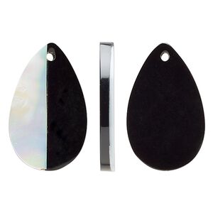Focal, horn and mother-of-pearl shell (assembled), black and white, 35x22mm flat teardrop. Sold per pkg of 2.