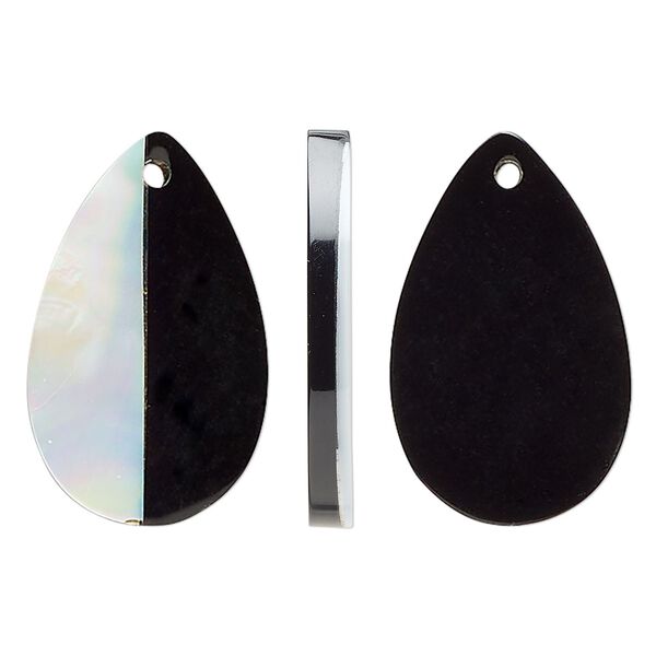 Focal, horn and mother-of-pearl shell (assembled), black and white, 35x22mm flat teardrop. Sold per pkg of 2. image number 0