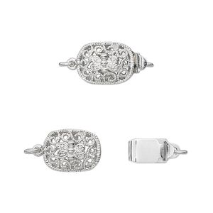 Clasp tab 1pkg4 silver-plated, 12x9mm filigree oval, brass antique 1-strand