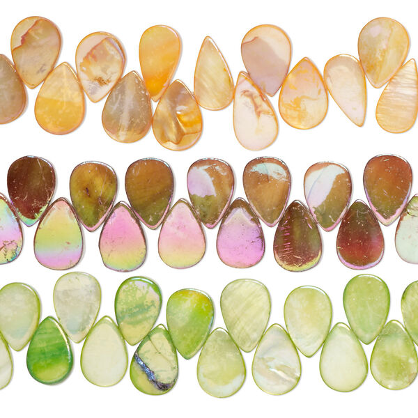 Bead mix, mother-of-pearl shell (bleached / dyed), multicolored AB, 12x8mm-16x11mm flat teardrop with 0.4-0.6mm hole, Mohs hardness 3-1/2. Sold per pkg of (3) 15-inch strands. image number 0